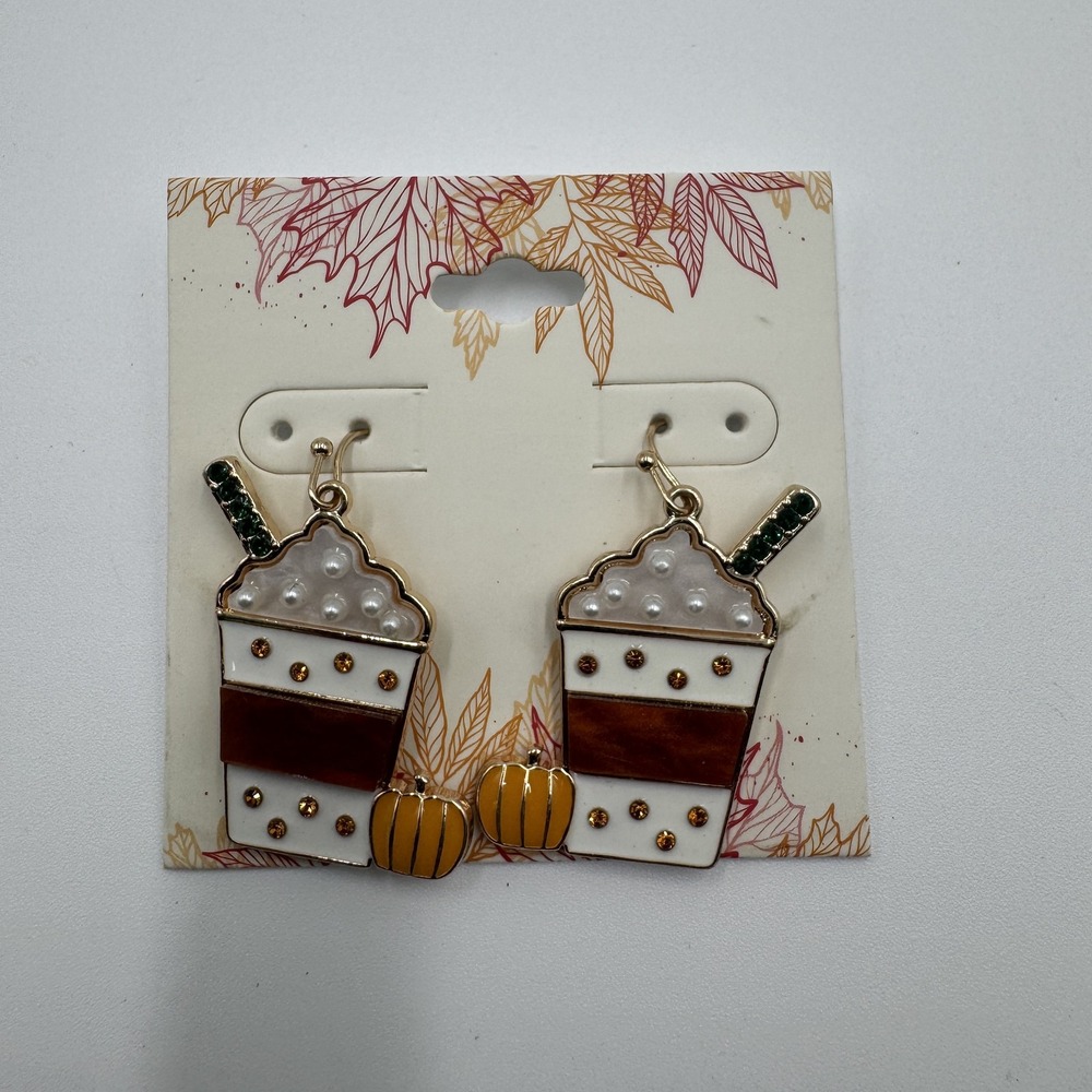 Fall Pumpkin Spice Latte Coffee Cup Drop Earrings White Orange Crystal Pearl NWT